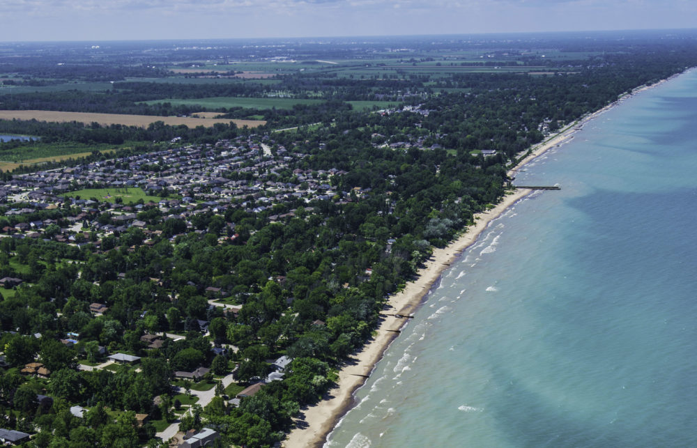 Aerial view of the azure water in Brights Grove, Ontario