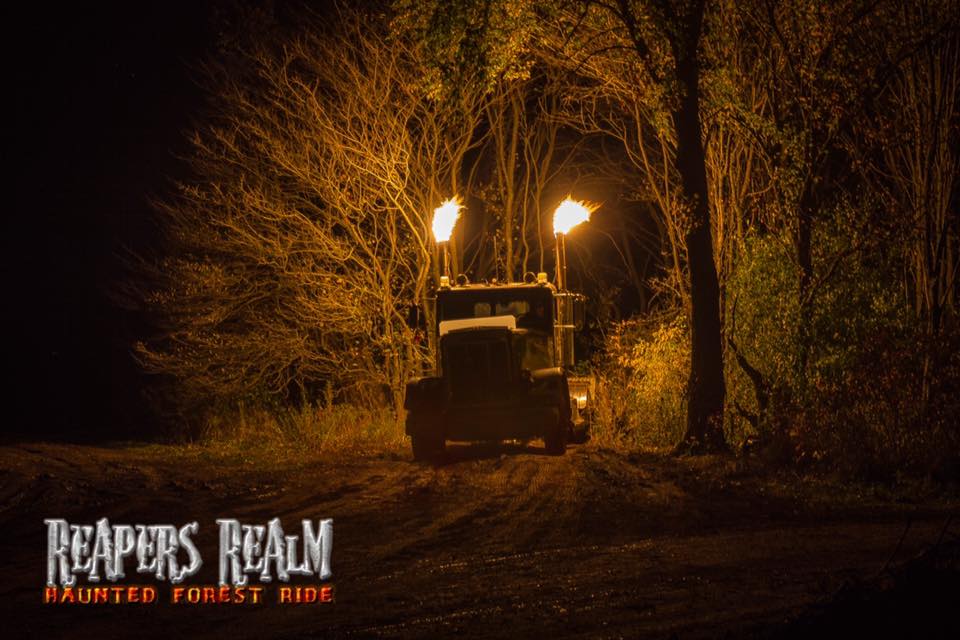 A transport truck with fire coming out of the exhaust in a forest at night.
